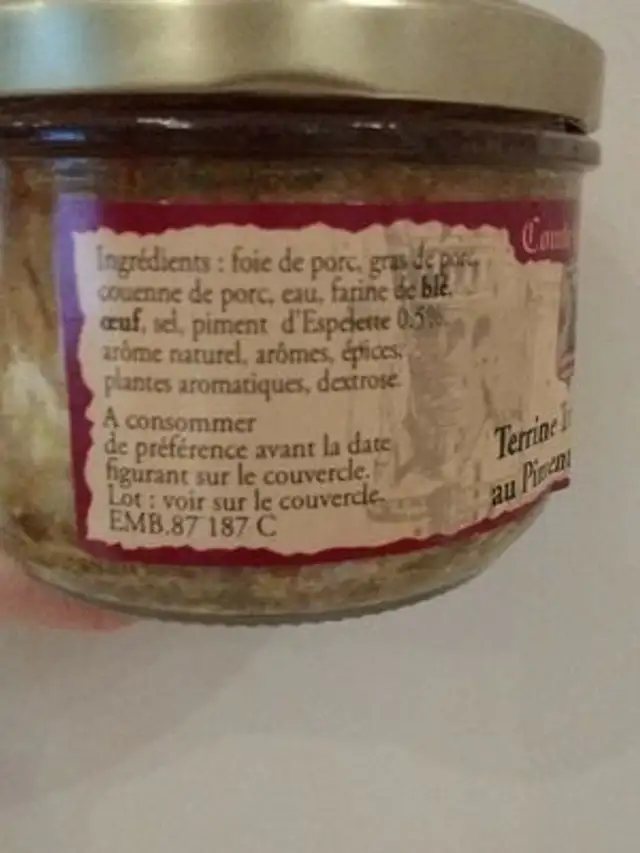 Terrine Traditionnelle au Piment d'Espelette ingredients label