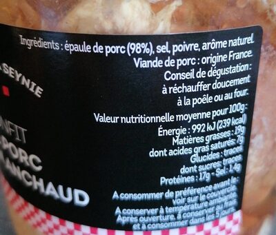 Confit de porc façon  anchaud nutrition facts table