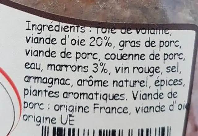 Terrine d'oie aux marrons ingredients label