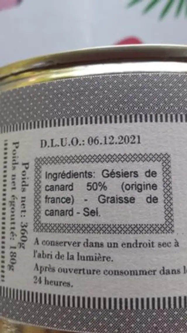Gesiers de canard émincés ingredients label