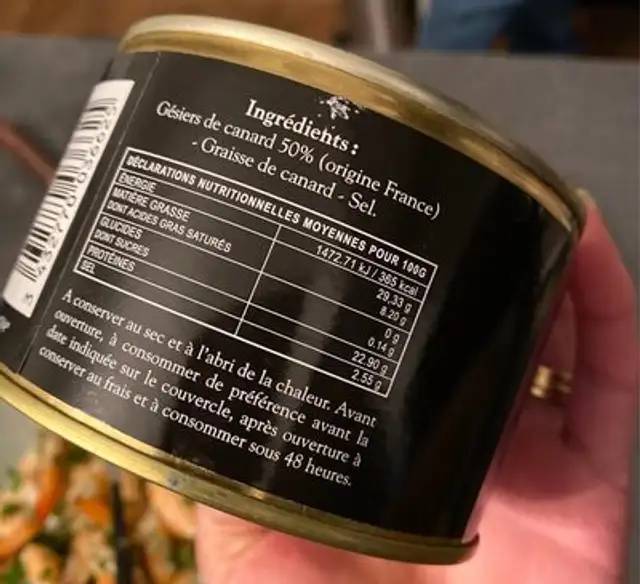 Gesiers de canard émincés nutrition facts table