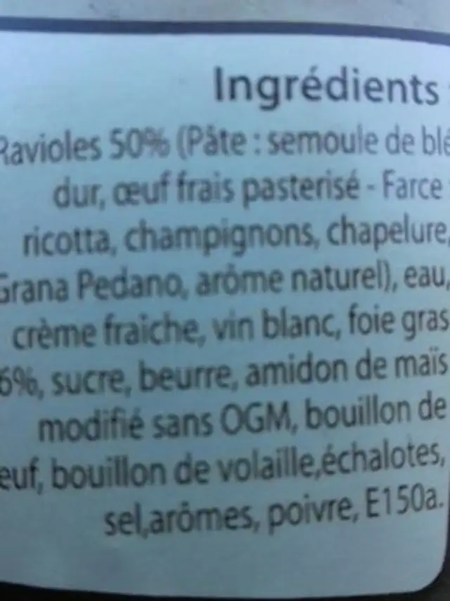 Ravioles sauce foie gras ingredients label