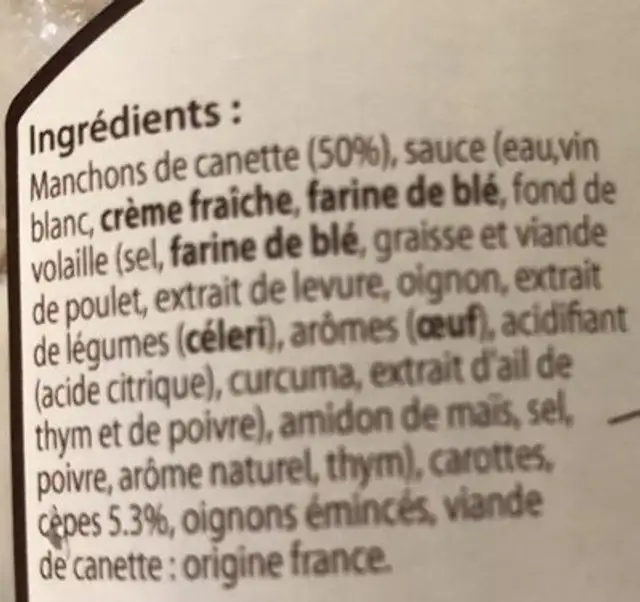 Canette sauce crémeuse aux cèpes ingredients label