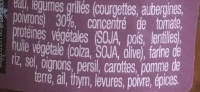 La terrinevegetale ingredients label