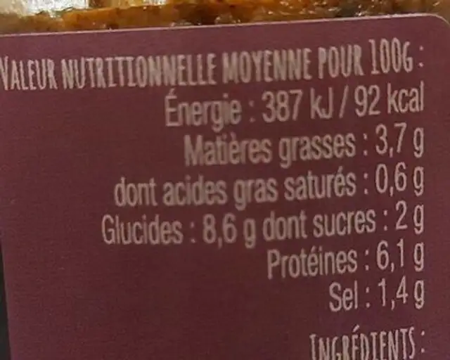 La terrinevegetale nutrition facts table