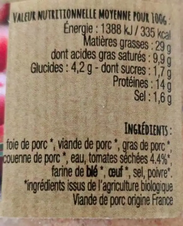 Terrine de campagne aux tomates séchées nutrition facts table