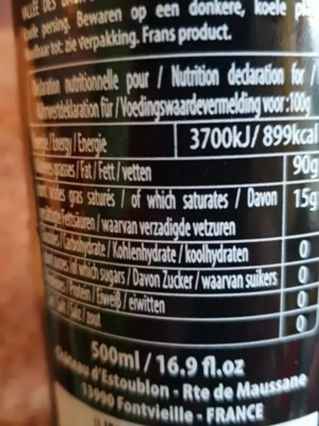 Huile D'olive De La Vallée Des Baux-de-provence Aop nutrition facts table