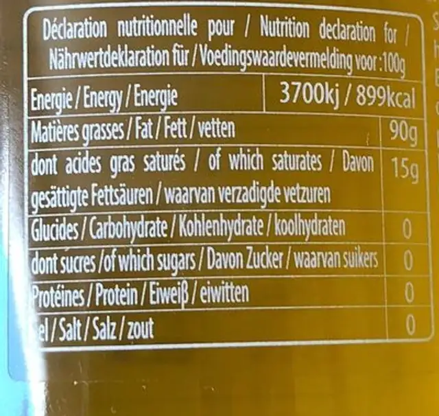 Huile D'olive Picholine nutrition facts table