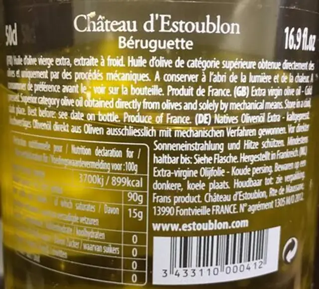 Huile D'olive Beruguette ingredients label