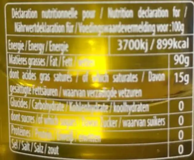 Huile D'olive Beruguette nutrition facts table