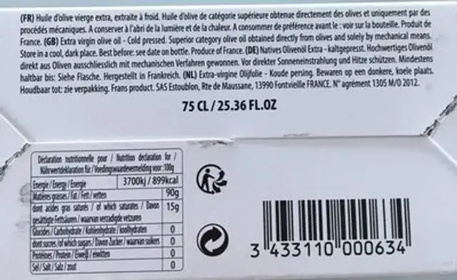 Huile Olive Chateau Estoublon 75cl ingredients label
