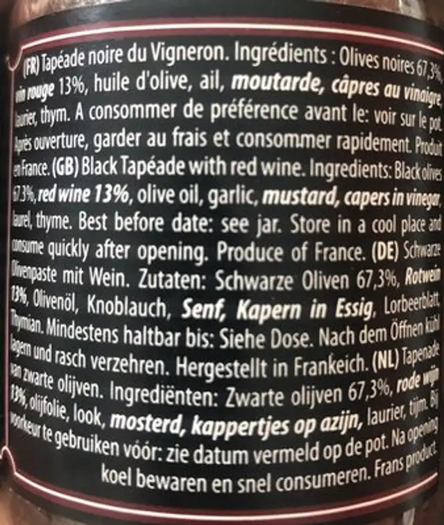 Tapenade du vigneron ingredients label