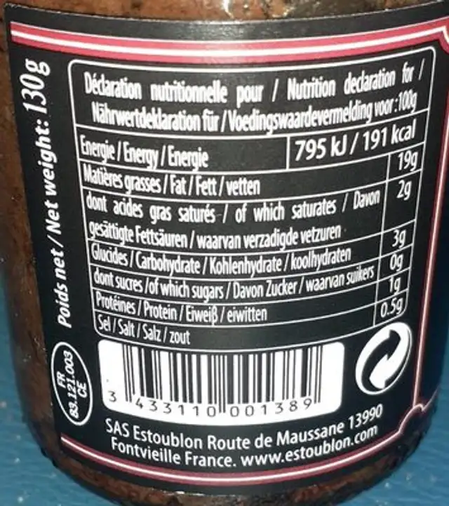 Tapenade du vigneron nutrition facts table