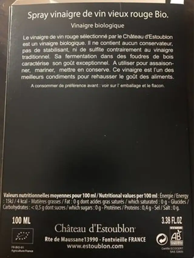 Vinaigre de vin vieux nutrition facts table