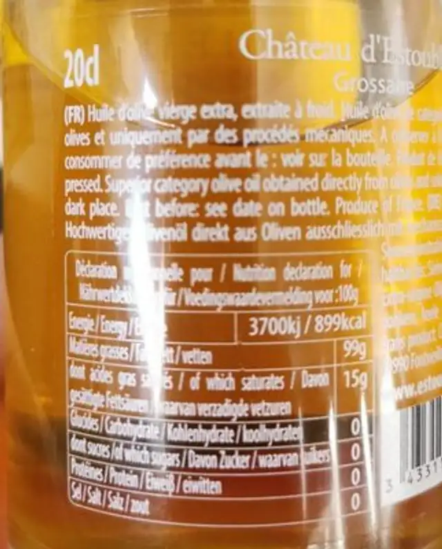 Huile d'olive Château d'Estoublon nutrition facts table