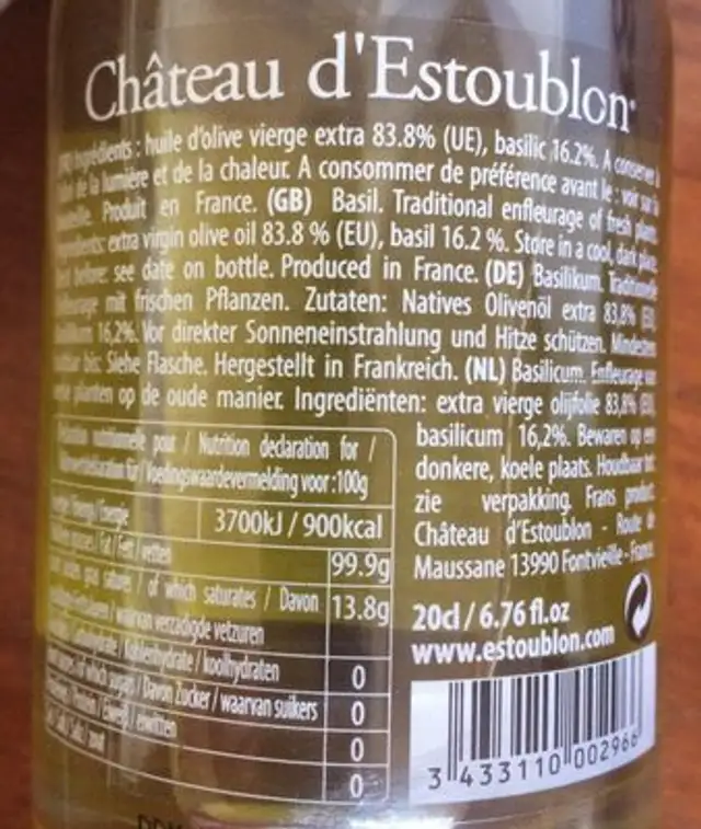 Huile d'olive vierge extra ingredients label