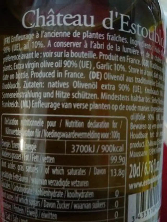 Huile d'olive vierge extra ail ingredients label