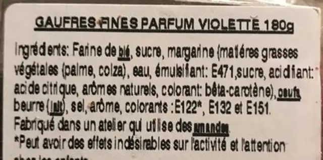 Gaufres fines parfum violette ingredients label