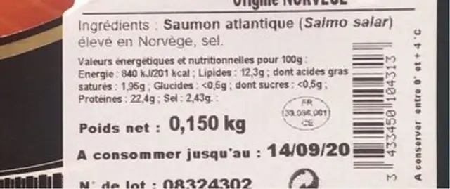 Coeur de filet de saumon atlantique fumé nutrition facts table