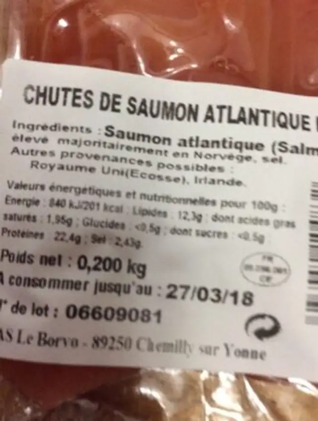 Chutes de saumon ingredients label