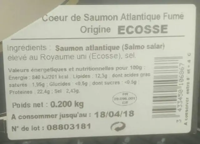Coeur de filet de saumon Atlantique fumé ingredients label