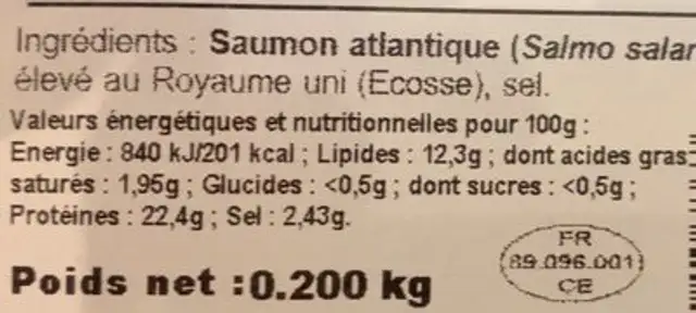 Coeur de filet de saumon Atlantique fumé nutrition facts table