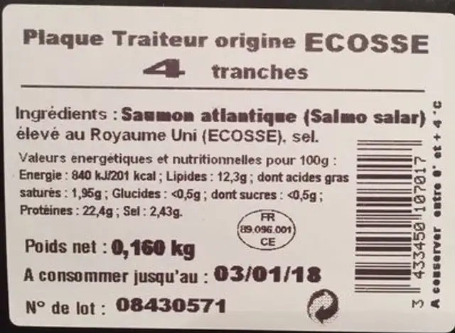 Saumon atlantique fumé ingredients label