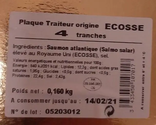 Saumon atlantique fumé nutrition facts table