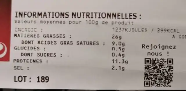 Cervelas nutrition facts table