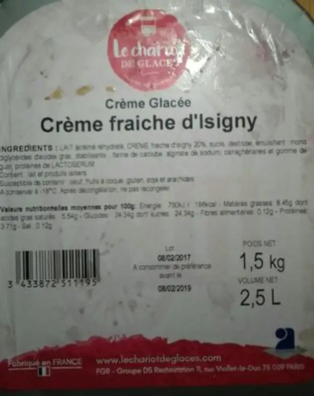 Crèrme glacée crème fraiche d'isigny ingredients label