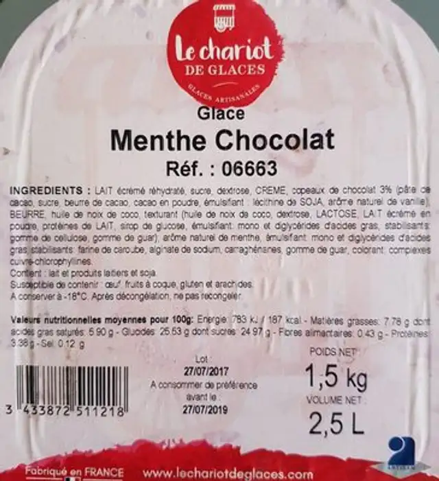 Glace menthe chocolat ingredients label