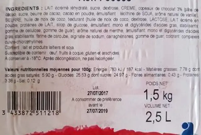 Glace menthe chocolat nutrition facts table