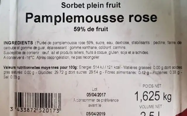 Glace pamplemousse rose ingredients label