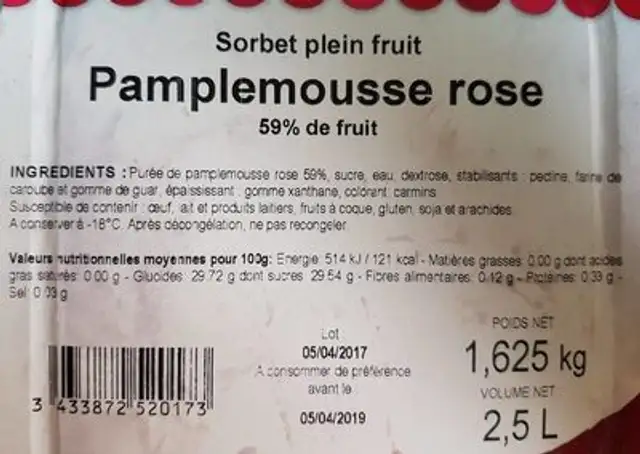 Glace pamplemousse rose nutrition facts table
