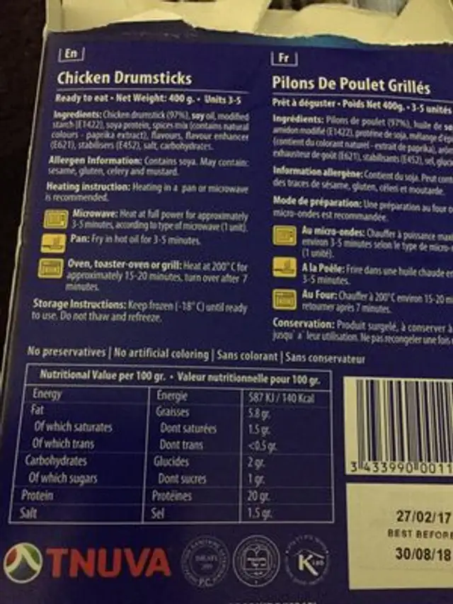 Pilons De Poulet Grillés nutrition facts table