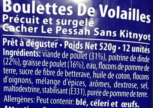 Boulettes de volaille ingredients label