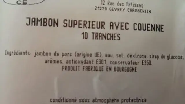Jambon supérieur avec couenne ingredients label