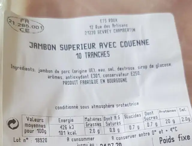Jambon supérieur avec couenne nutrition facts table