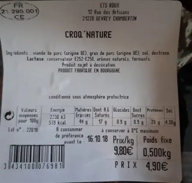 Croq'nature ou mini saucisson ingredients label