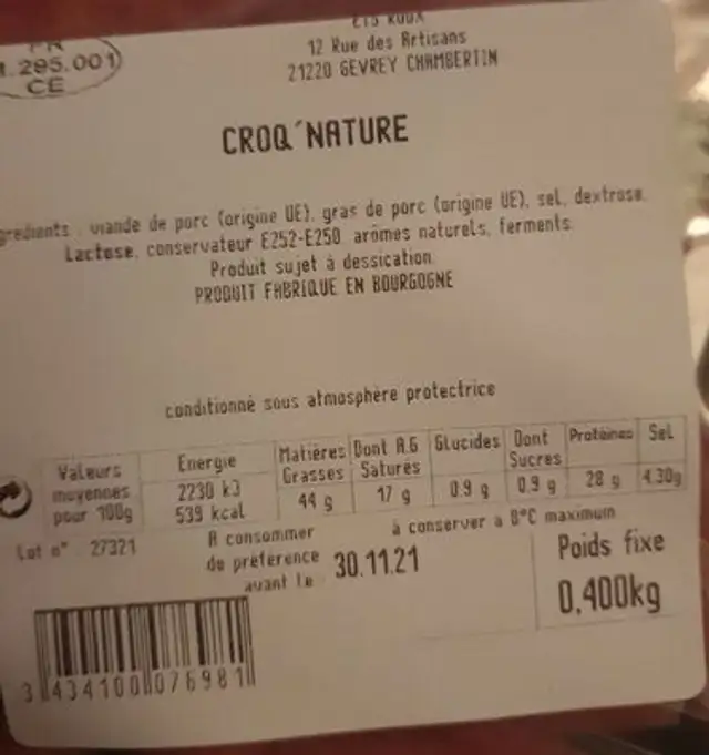 Croq'nature ou mini saucisson nutrition facts table