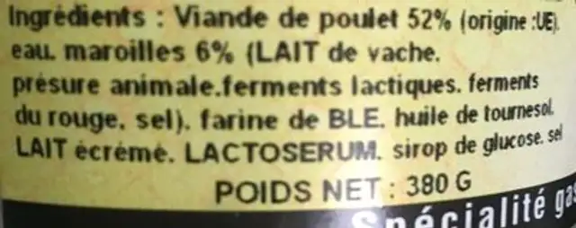 Poulet au maroilles ingredients label