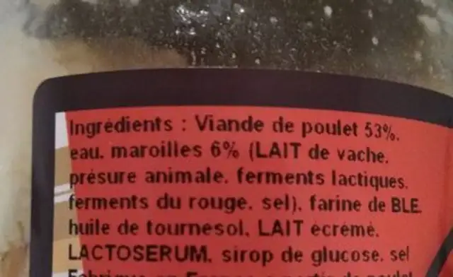 Poulet au Maroilles ingredients label