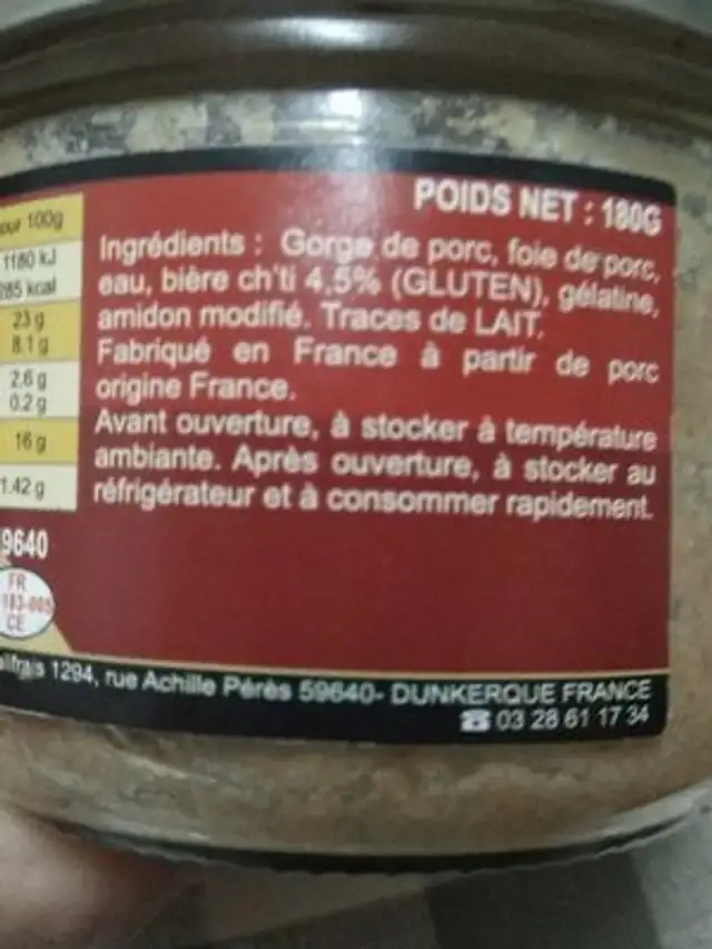 Terrine à la bière chti ingredients label