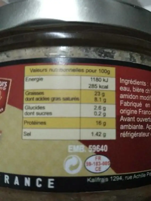 Terrine à la bière chti nutrition facts table