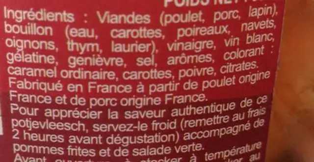 Potjevleesch ingredients label