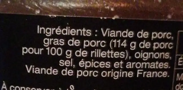 Rillettes pur porc ingredients label