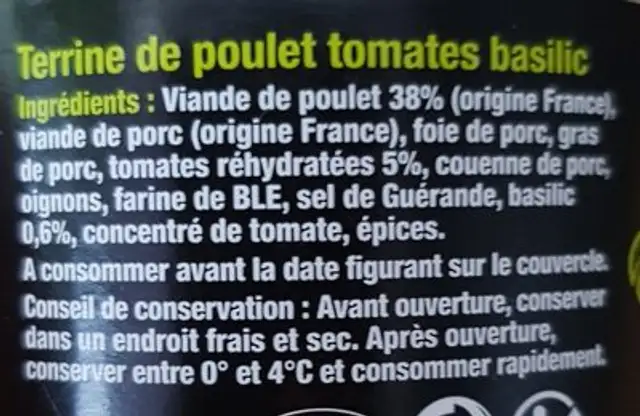 Terrine de poulet tomates basilic ingredients label