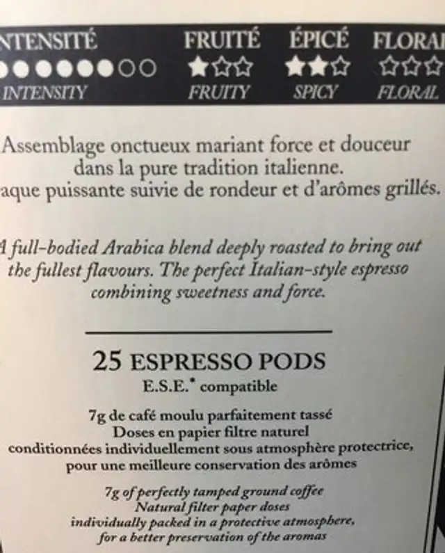 Florio expresso 100% arabica ingredients label