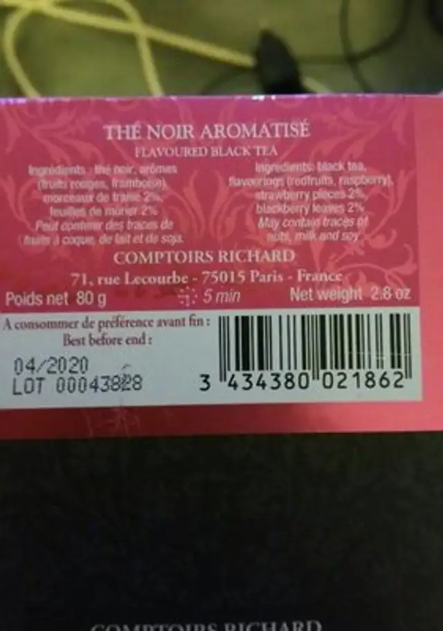 Comptoirs Richard Paris Fruits Rouges 40 Sachets Voile nutrition facts table