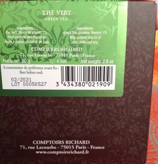 Thé vert au jasmin ingredients label